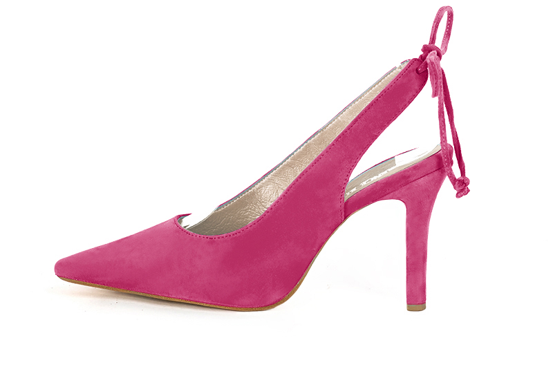 Fuschia pink women's slingback shoes. Pointed toe. High slim heel. Profile view - Florence KOOIJMAN